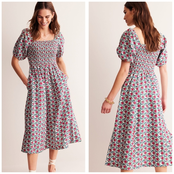 Boden Dresses & Skirts - Boden Sky Smocked Linen Midi Dress Puff Sleeve Pink Floral 16/18